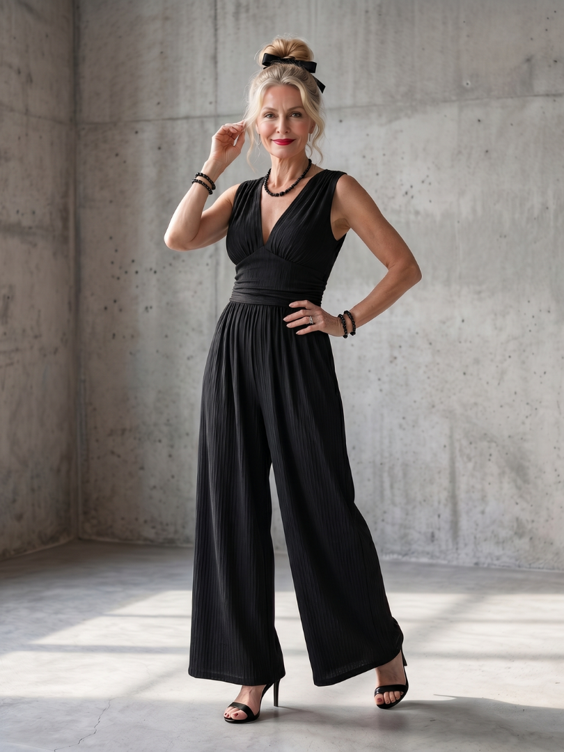 Vincenza | Defined Waist Jumpsuit with Wide Legs and Deep V Neck