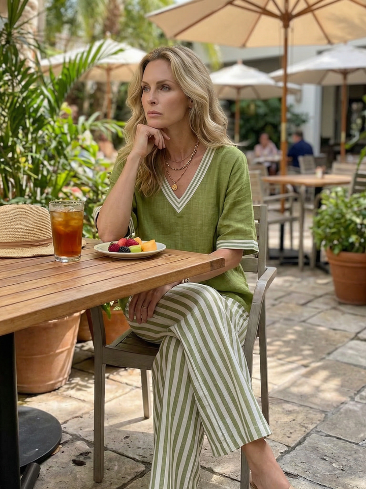Wren | Contrast V-Neck Tunic Set with Striped Pants