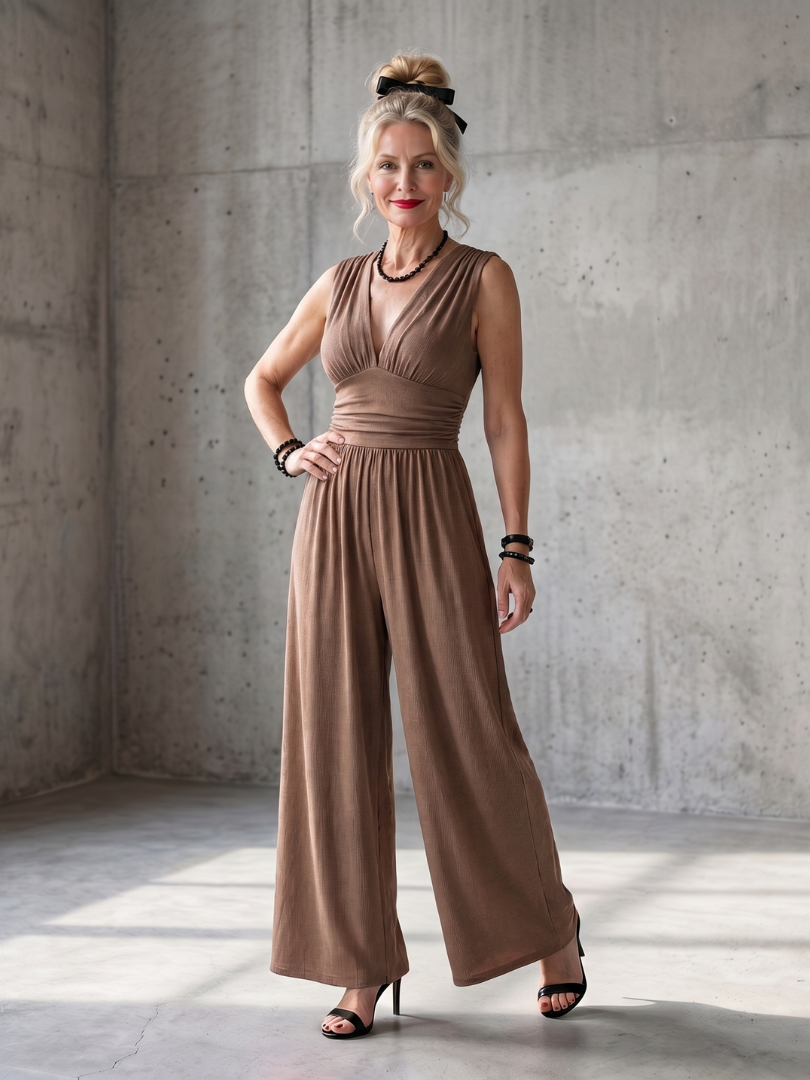 Vincenza | Defined Waist Jumpsuit with Wide Legs and Deep V Neck