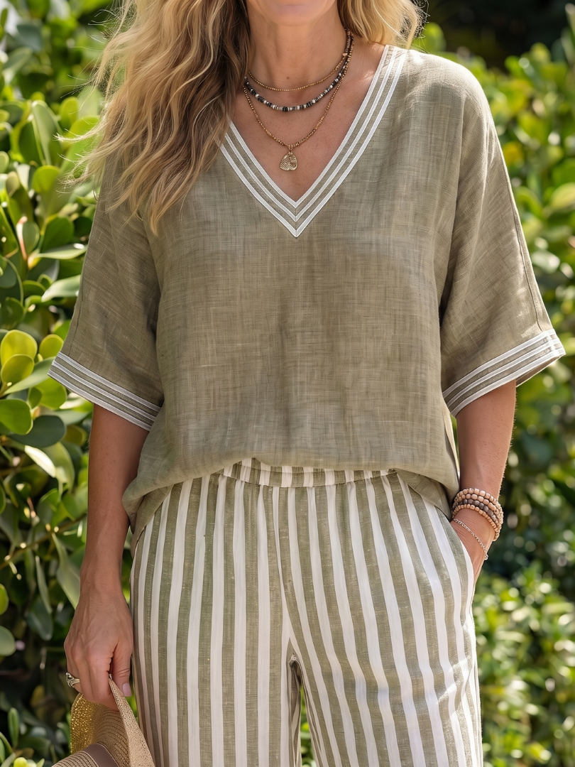 Wren | Contrast V-Neck Tunic Set with Striped Pants
