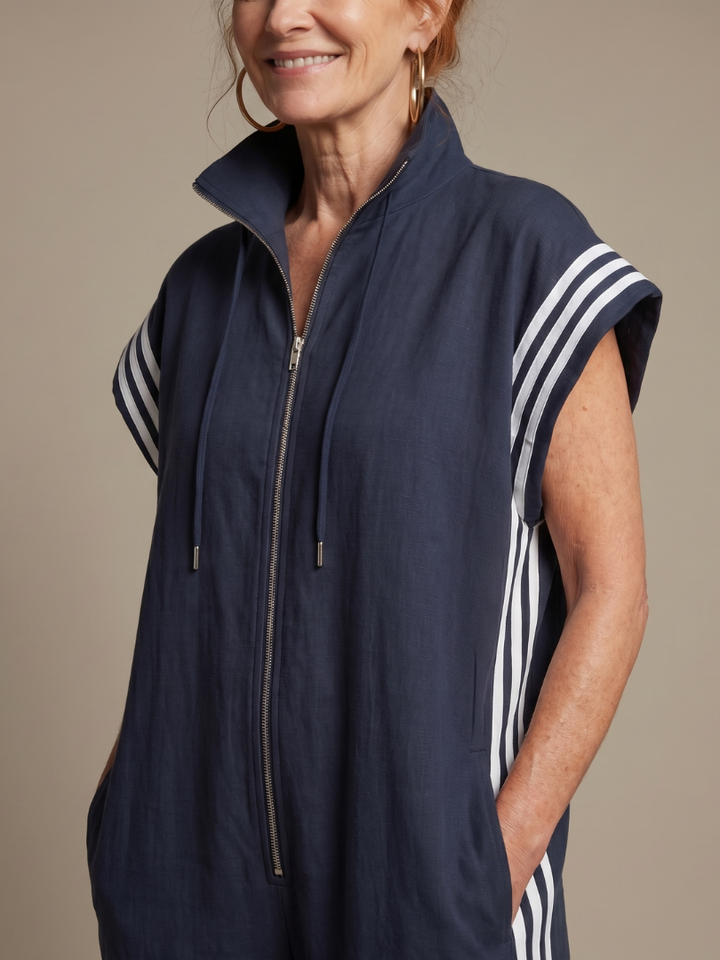 Lark | Striped Panel Jumpsuit with Front Zipper