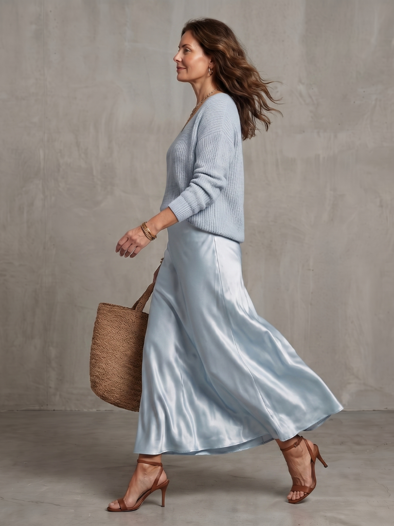 Luciana | Satin Bias Skirt with Knit Set