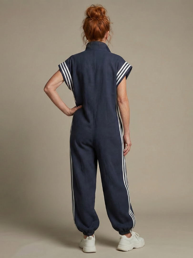 Lark | Striped Panel Jumpsuit with Front Zipper