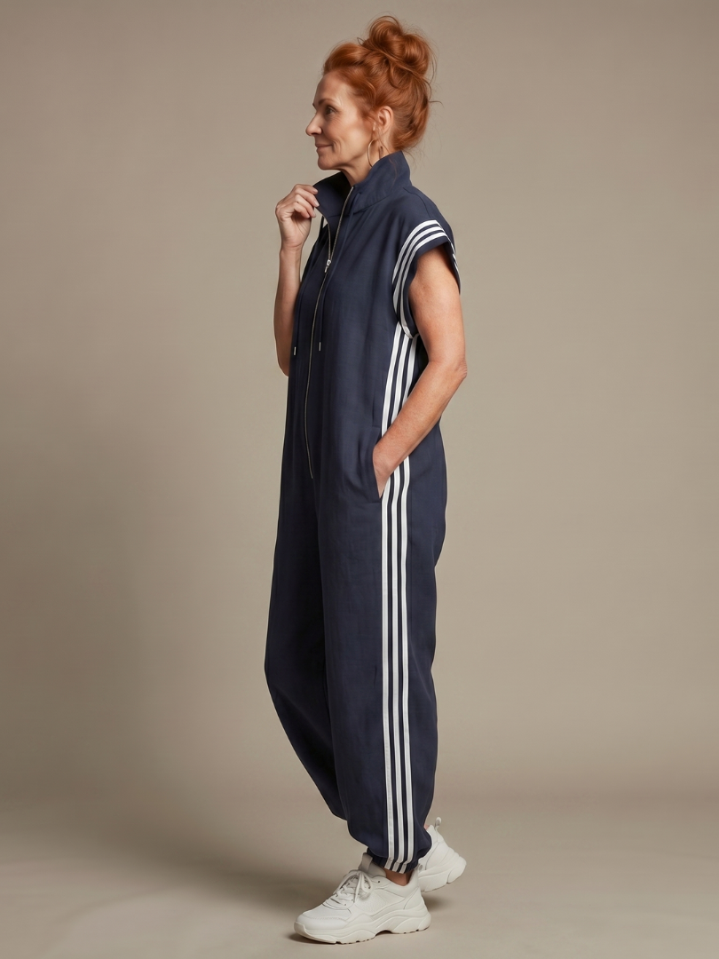 Lark | Striped Panel Jumpsuit with Front Zipper