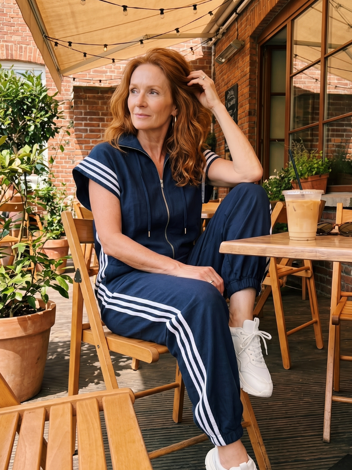 Lark | Striped Panel Jumpsuit with Front Zipper
