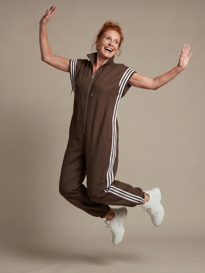 Lark | Striped Panel Jumpsuit with Front Zipper