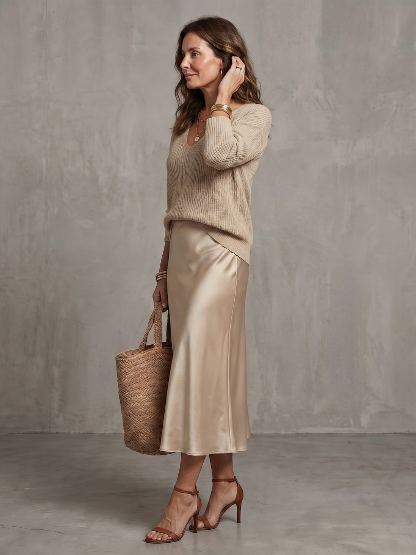 Luciana | Satin Bias Skirt with Knit Set