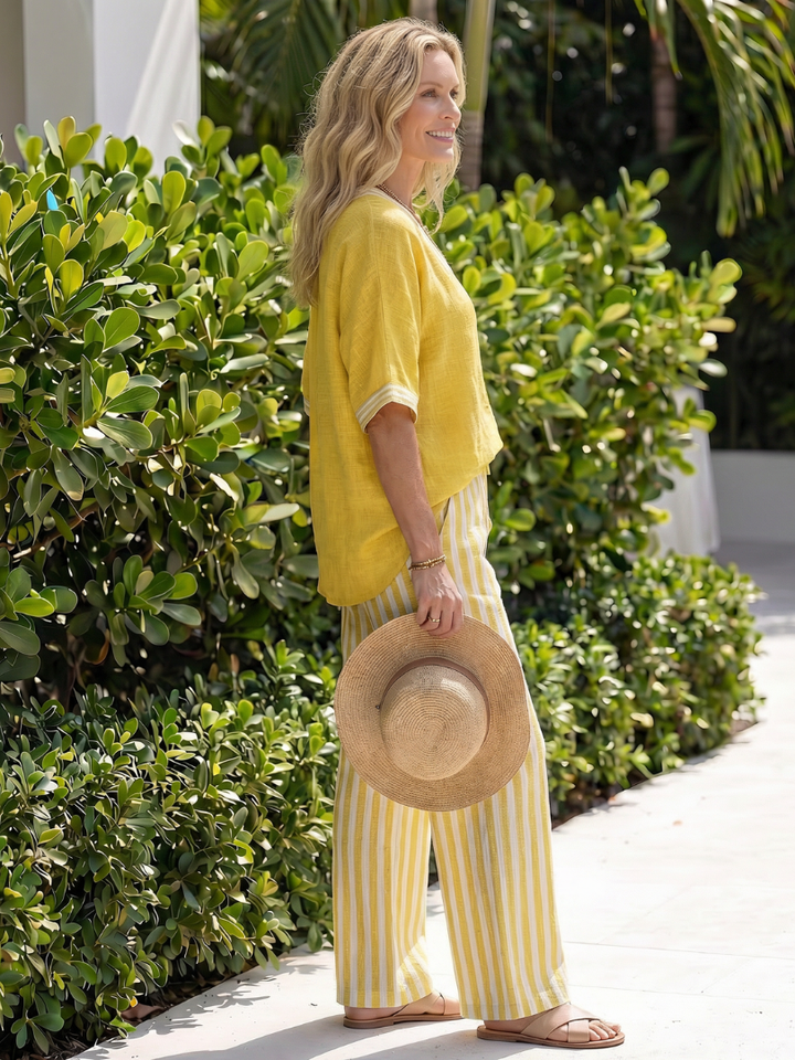 Wren | Contrast V-Neck Tunic Set with Striped Pants