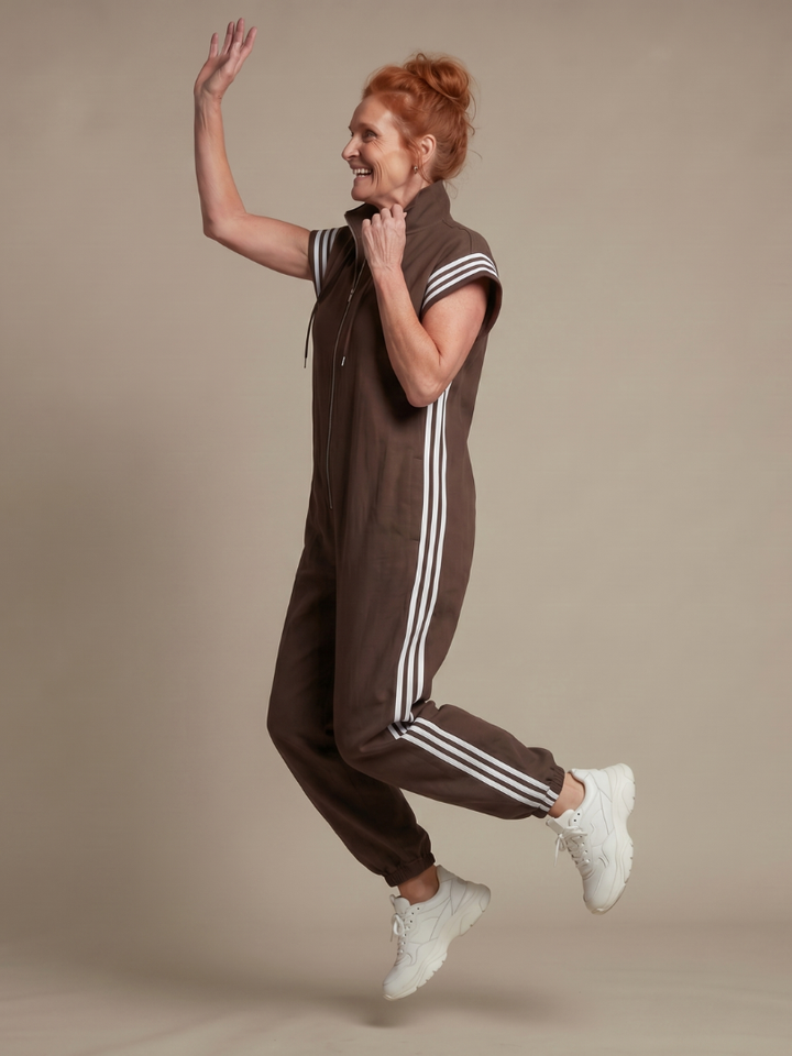 Lark | Striped Panel Jumpsuit with Front Zipper
