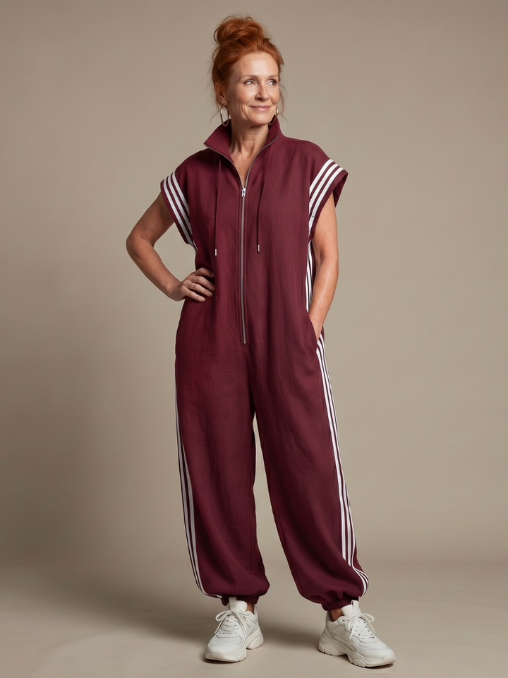 Lark | Striped Panel Jumpsuit with Front Zipper