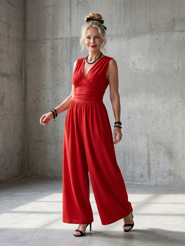 Vincenza | Defined Waist Jumpsuit with Wide Legs and Deep V Neck