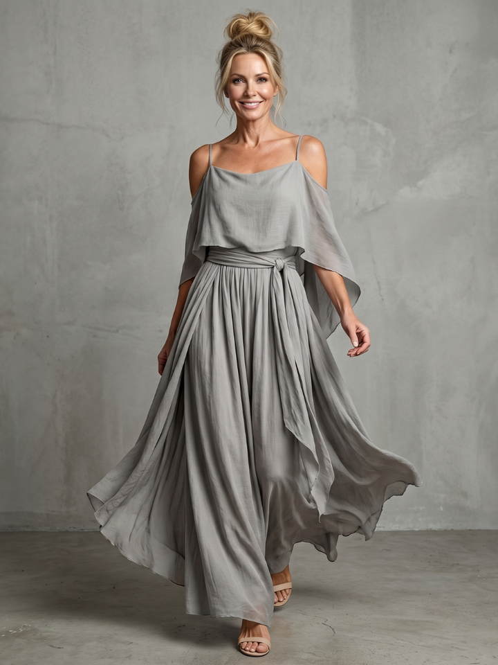 Marisol | Layered Off-Shoulder Draped Top and Wide Leg Pants
