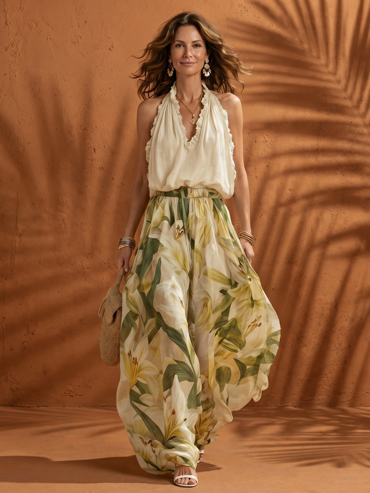 Solange | Floral Halter Neck Blouse with Wide Leg Pants