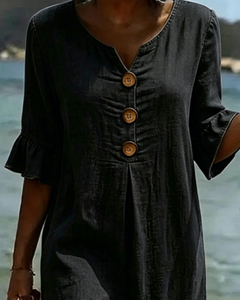 Lotus Leaf Dress with Denim Sleeves