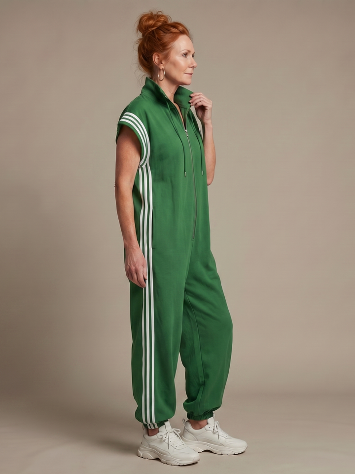 Lark | Striped Panel Jumpsuit with Front Zipper