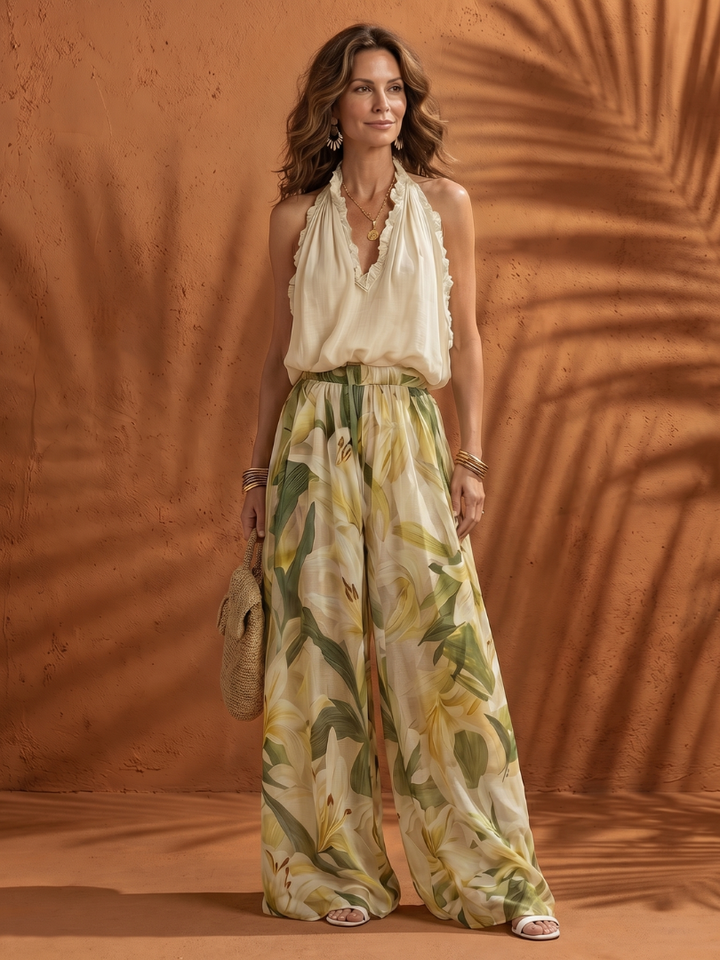 Solange | Floral Halter Neck Blouse with Wide Leg Pants