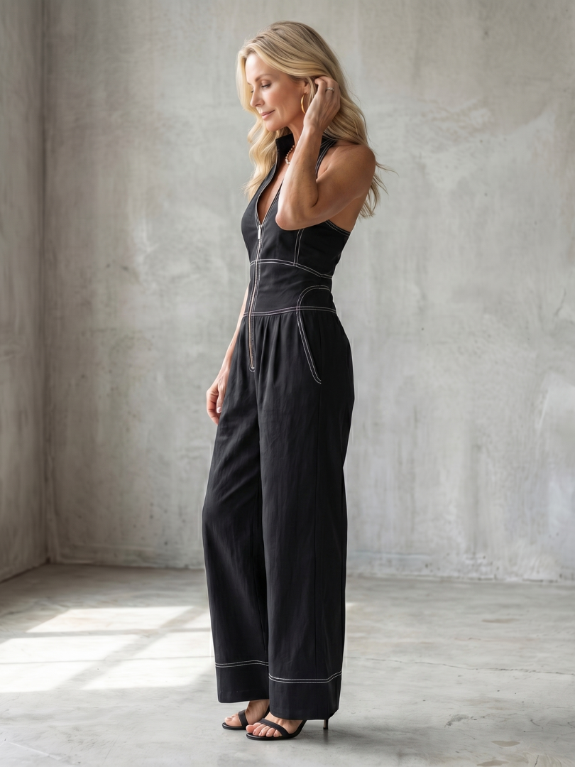 Dara | Front Zip Jumpsuit with Contrast Stitching and Wide Legs