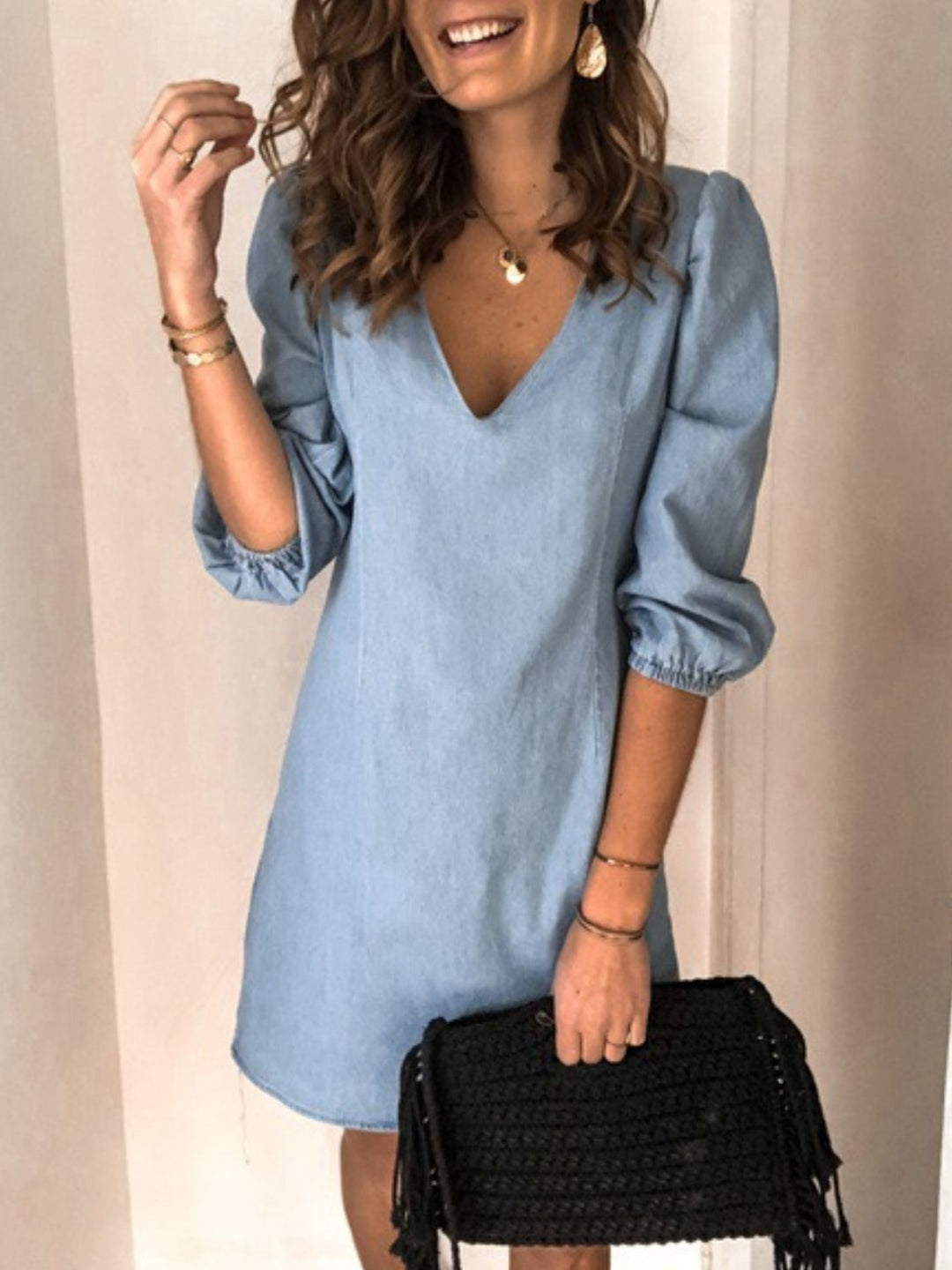 Soft Denim V Neck Dress Puff Sleeve Above Knee