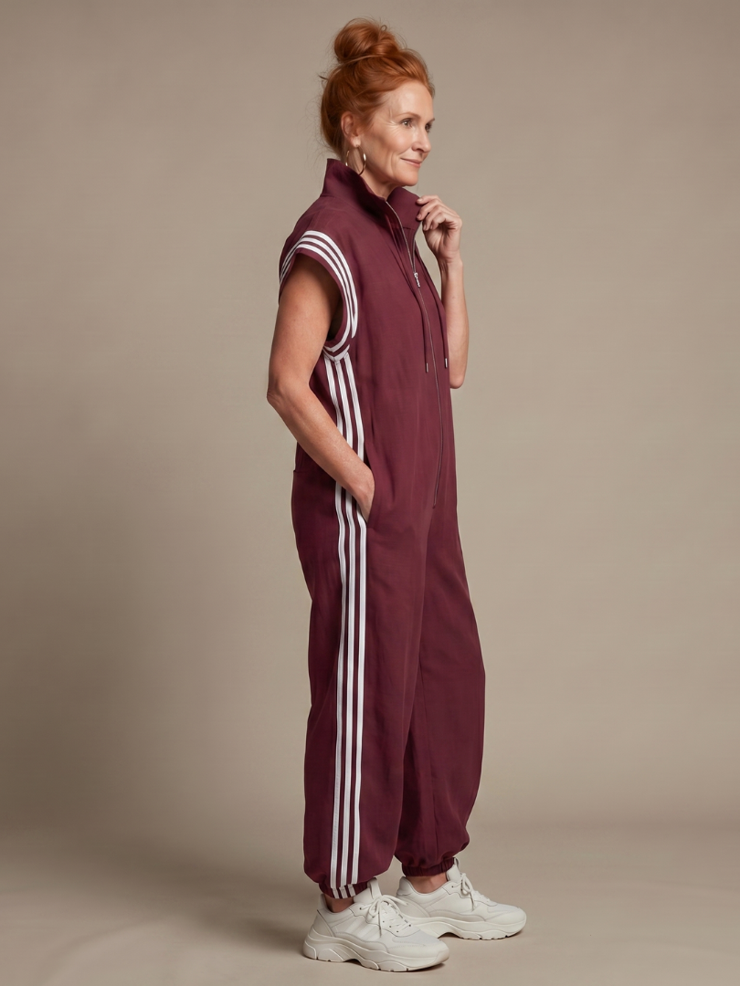 Lark | Striped Panel Jumpsuit with Front Zipper