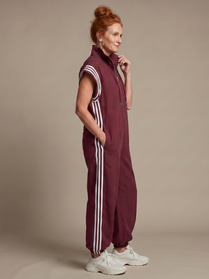 Lark | Striped Panel Jumpsuit with Front Zipper
