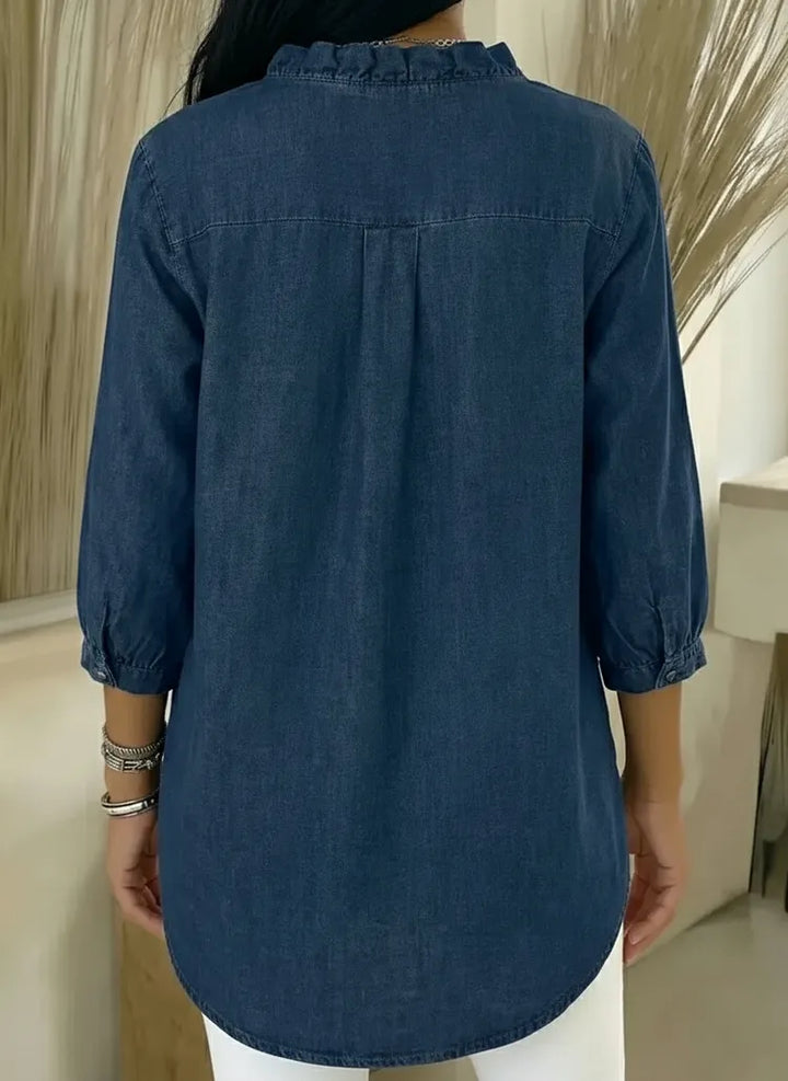 Lucille™ Relaxed Fit Denim Blouse V Neck Ruffled Detail
