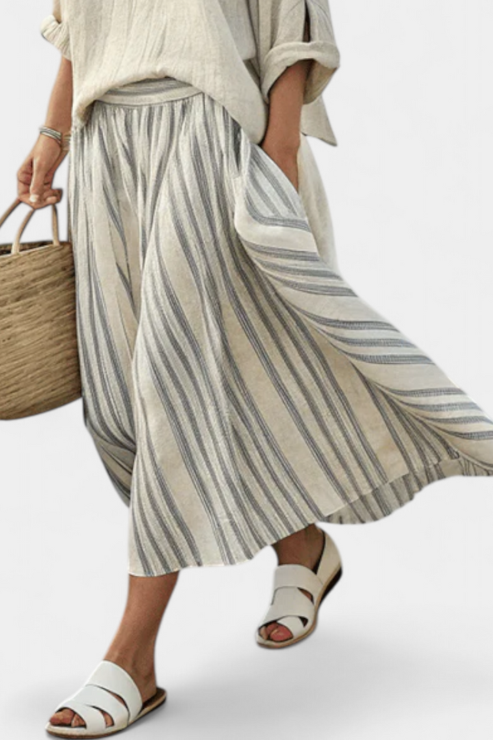 Aurora — Comfortable Blouse and Striped Midi Skirt