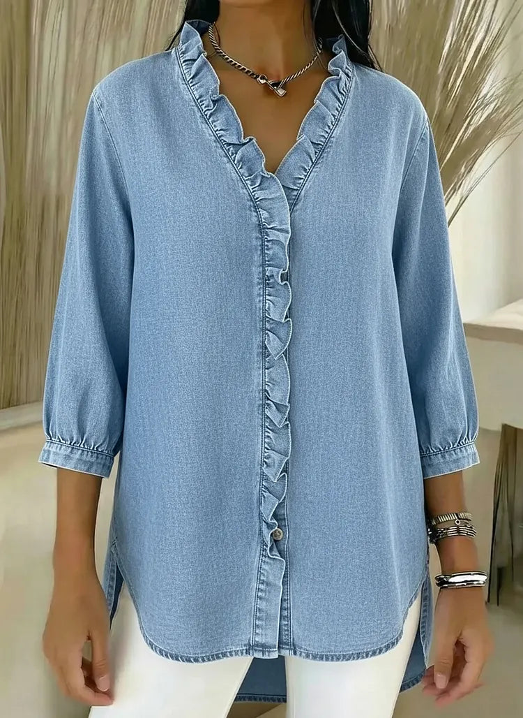 Lucille™ Relaxed Fit Denim Blouse V Neck Ruffled Detail