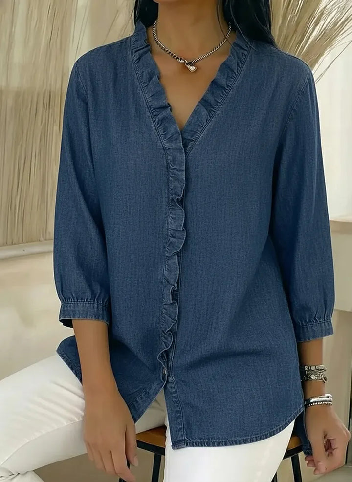 Lucille™ Relaxed Fit Denim Blouse V Neck Ruffled Detail