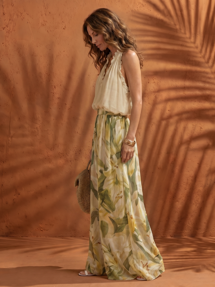 Solange | Floral Halter Neck Blouse with Wide Leg Pants