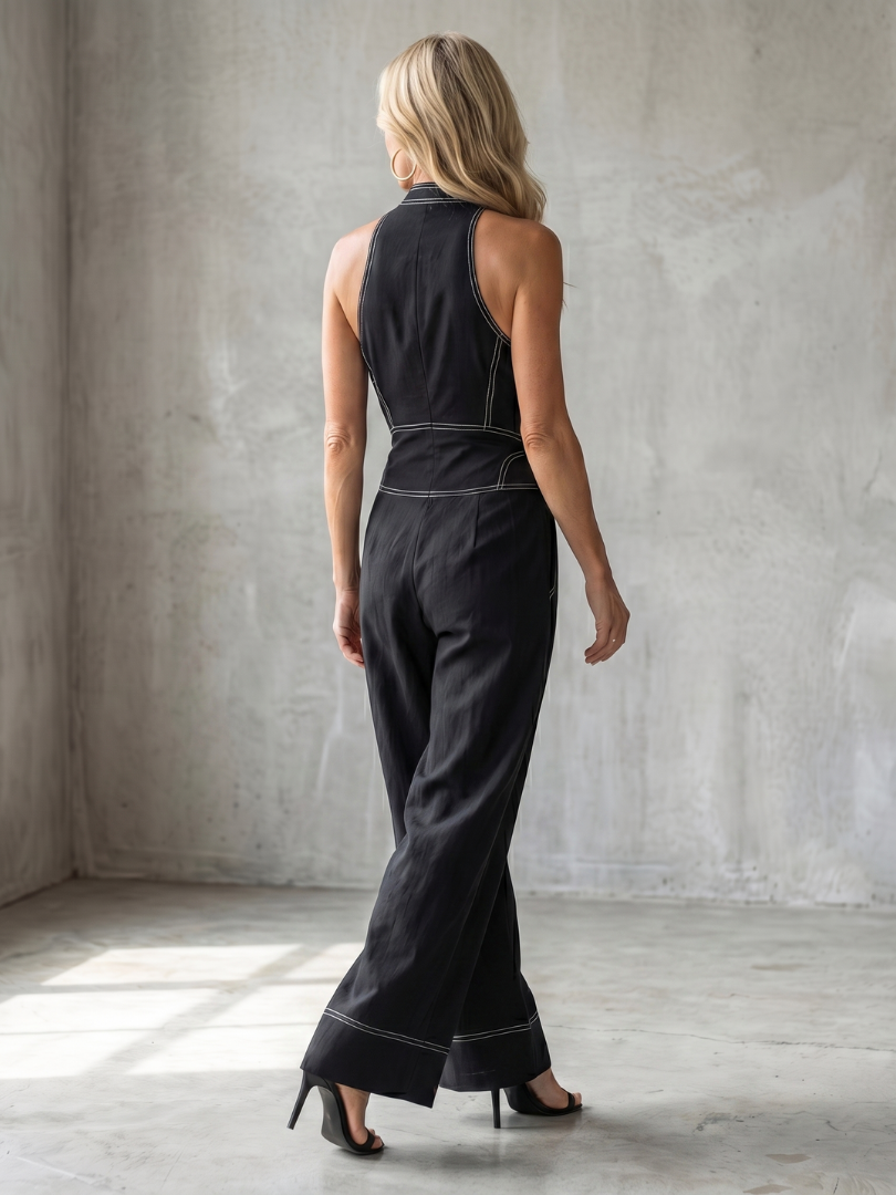 Dara | Front Zip Jumpsuit with Contrast Stitching and Wide Legs