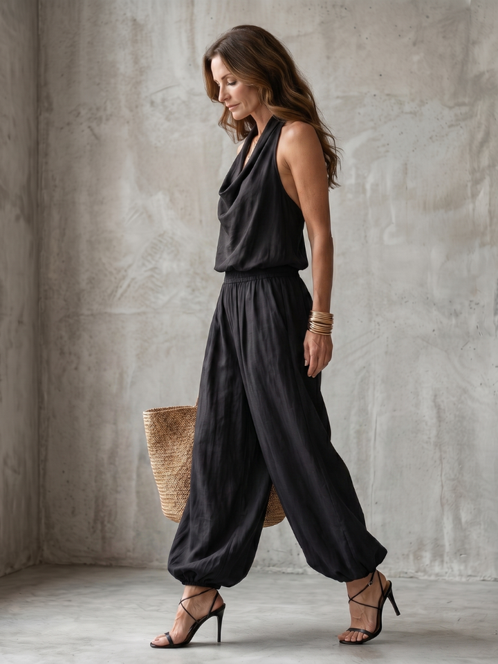 Yvaine | Fluid top with draped neckline and wide pants