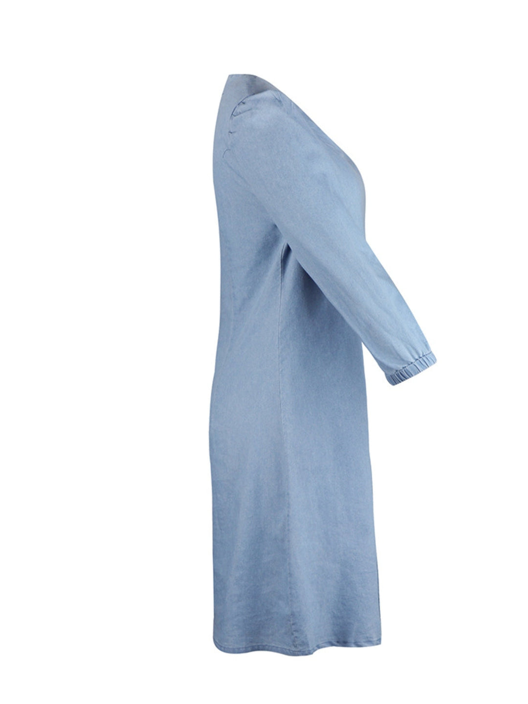 Soft Denim V Neck Dress Puff Sleeve Above Knee