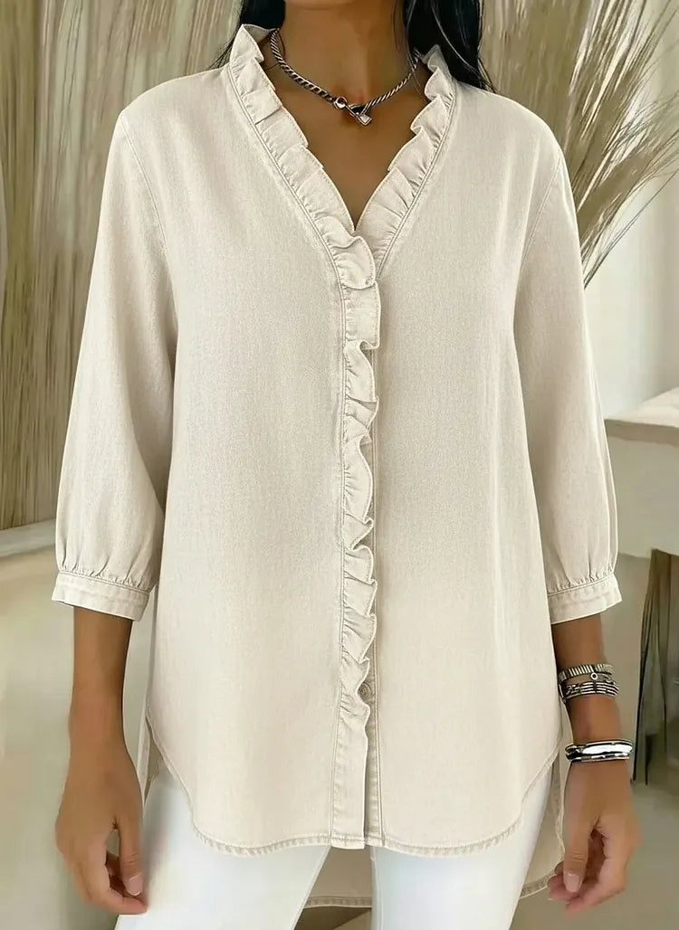 Lucille™ Relaxed Fit Denim Blouse V Neck Ruffled Detail