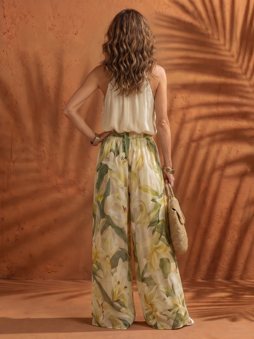 Solange | Floral Halter Neck Blouse with Wide Leg Pants