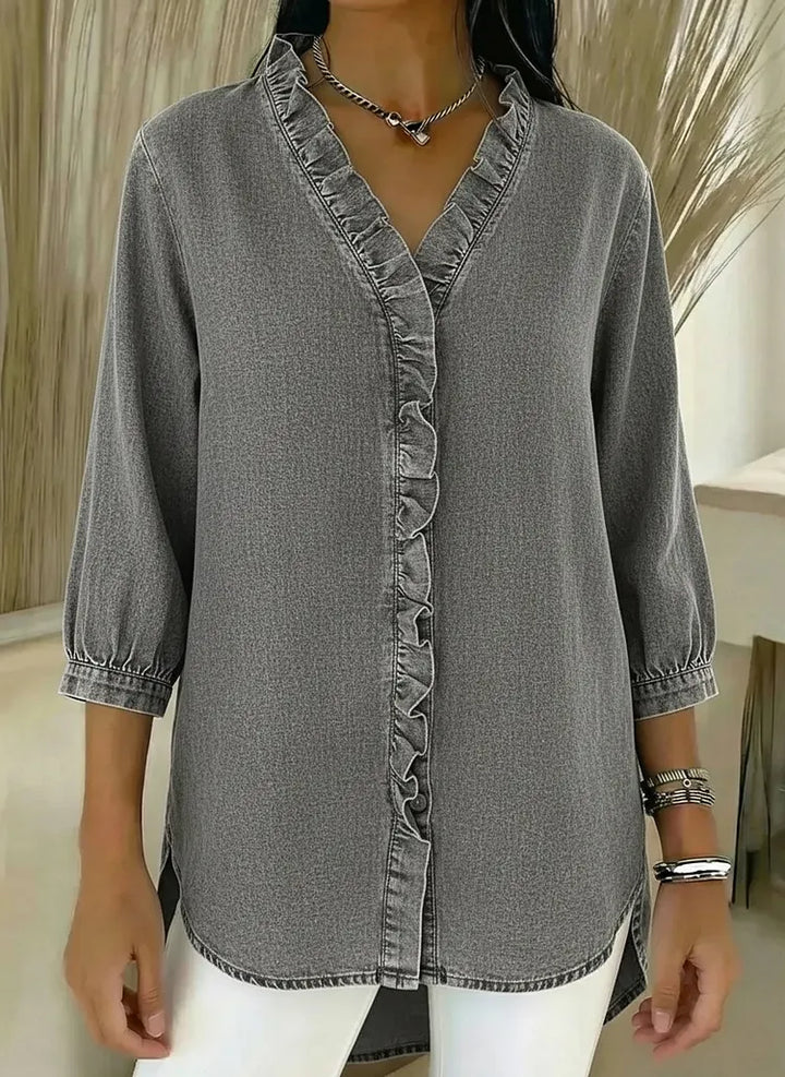 Lucille™ Relaxed Fit Denim Blouse V Neck Ruffled Detail