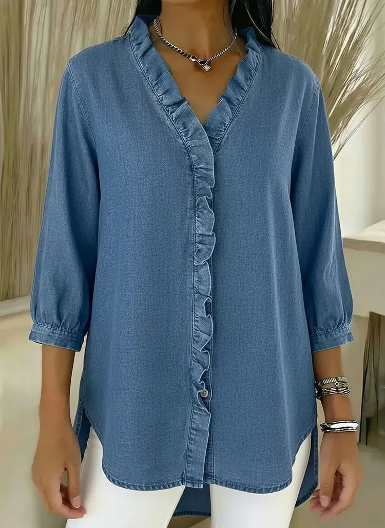 Lucille™ Relaxed Fit Denim Blouse V Neck Ruffled Detail