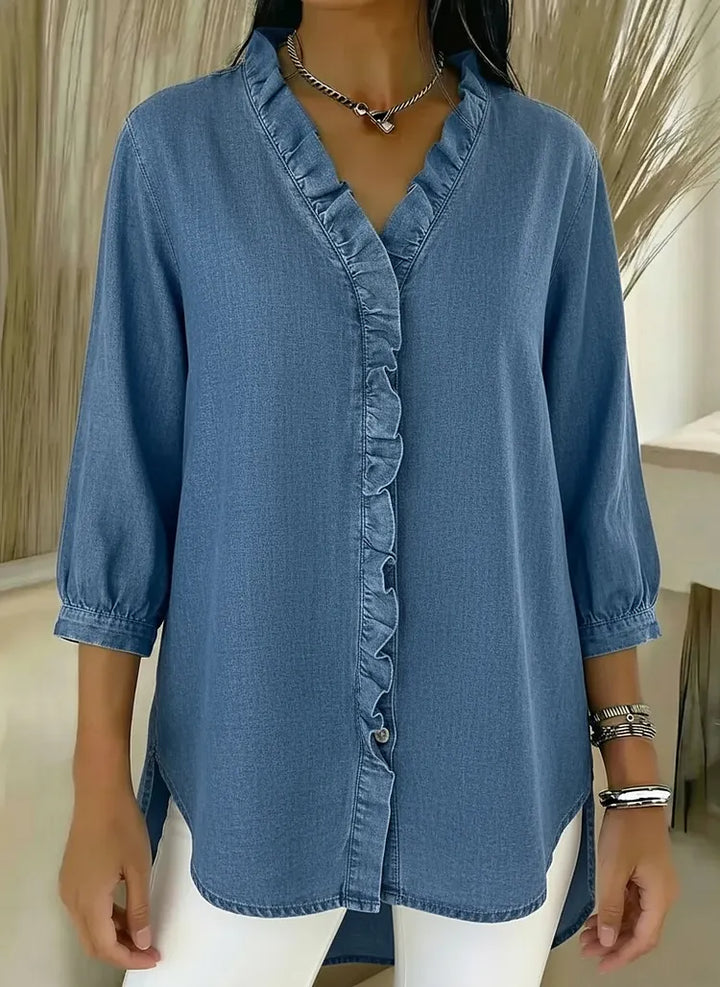 Lucille™ Relaxed Fit Denim Blouse V Neck Ruffled Detail