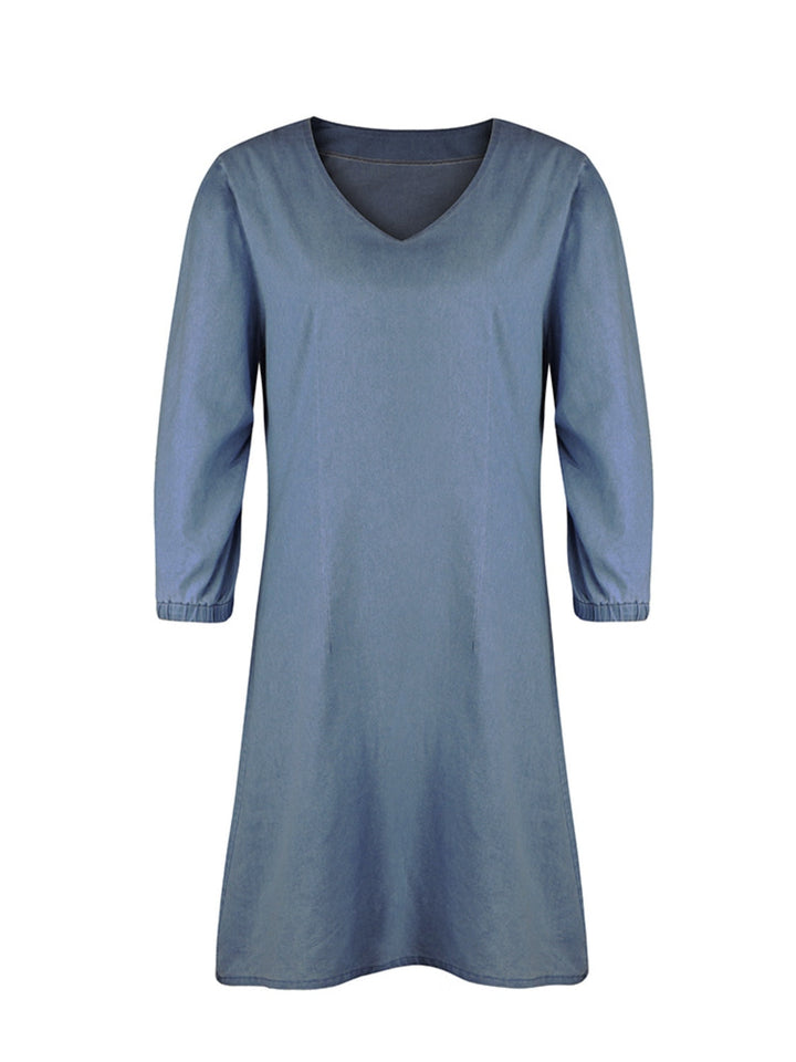Soft Denim V Neck Dress Puff Sleeve Above Knee