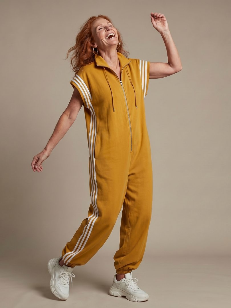 Lark | Striped Panel Jumpsuit with Front Zipper