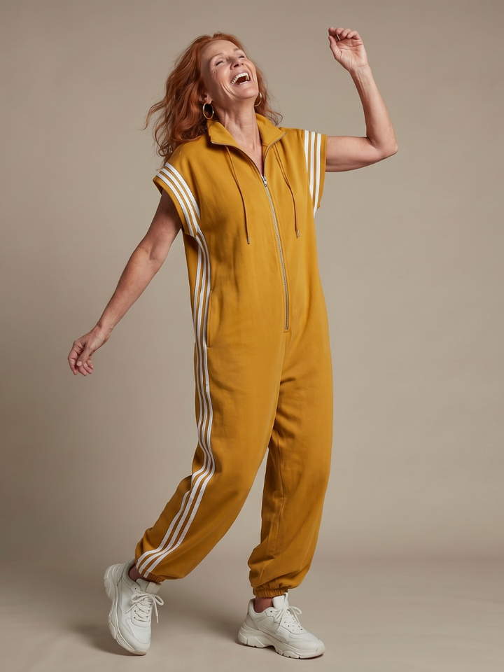 Lark | Striped Panel Jumpsuit with Front Zipper