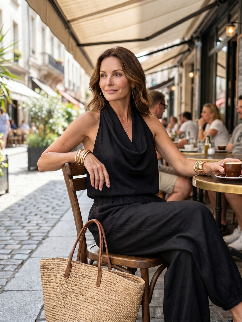 Yvaine | Fluid top with draped neckline and wide pants