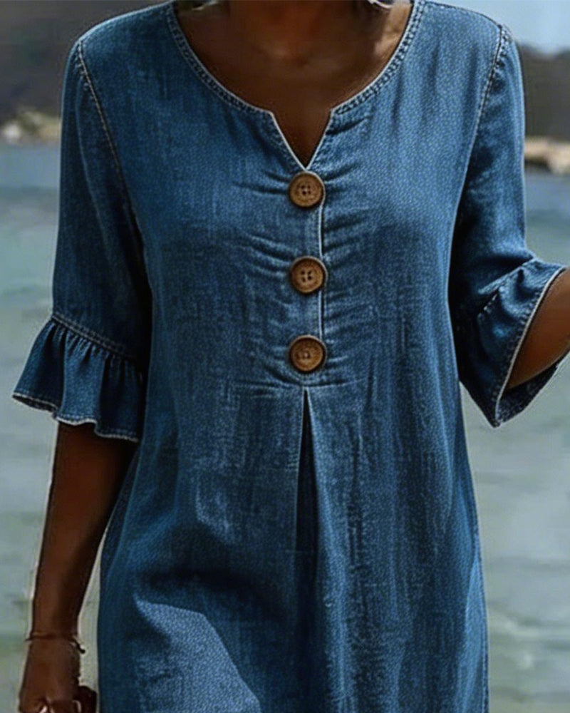 Lotus Leaf Dress with Denim Sleeves