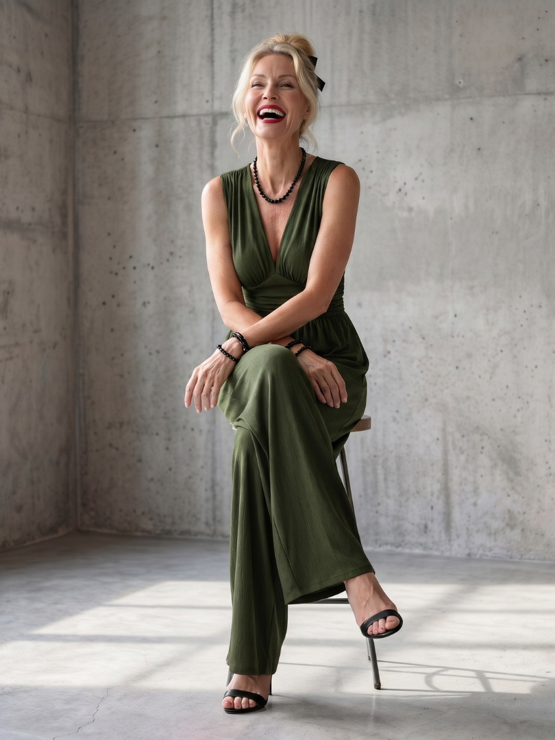 Vincenza | Defined Waist Jumpsuit with Wide Legs and Deep V Neck