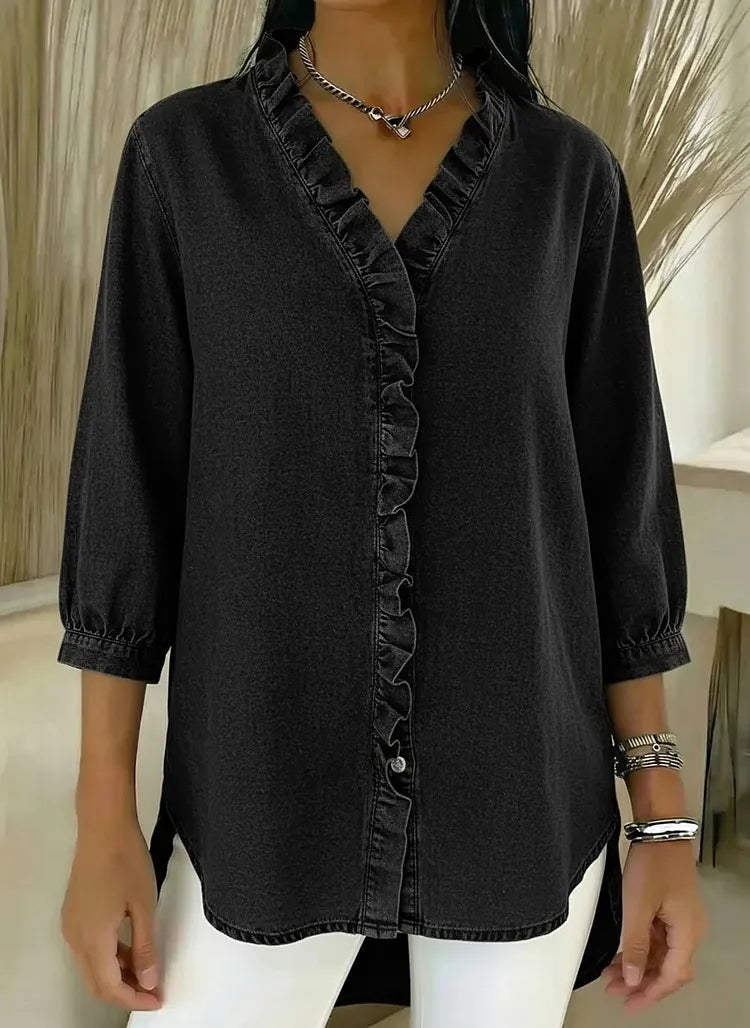 Lucille™ Relaxed Fit Denim Blouse V Neck Ruffled Detail