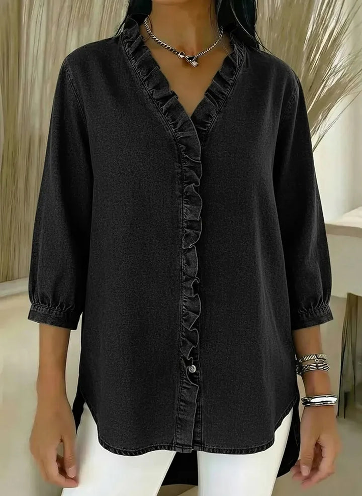 Lucille™ Relaxed Fit Denim Blouse V Neck Ruffled Detail