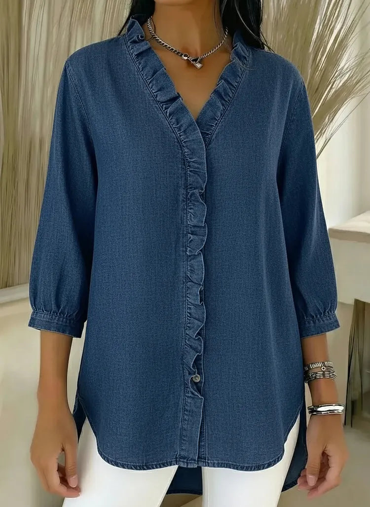 Lucille™ Relaxed Fit Denim Blouse V Neck Ruffled Detail