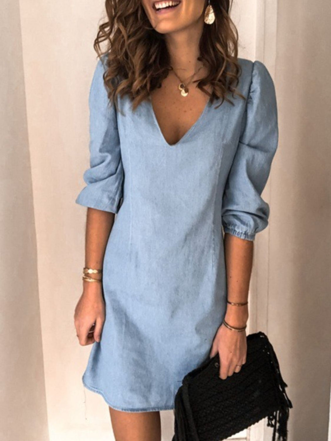 Soft Denim V Neck Dress Puff Sleeve Above Knee