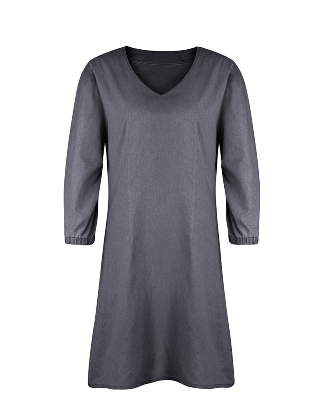 Soft Denim V Neck Dress Puff Sleeve Above Knee