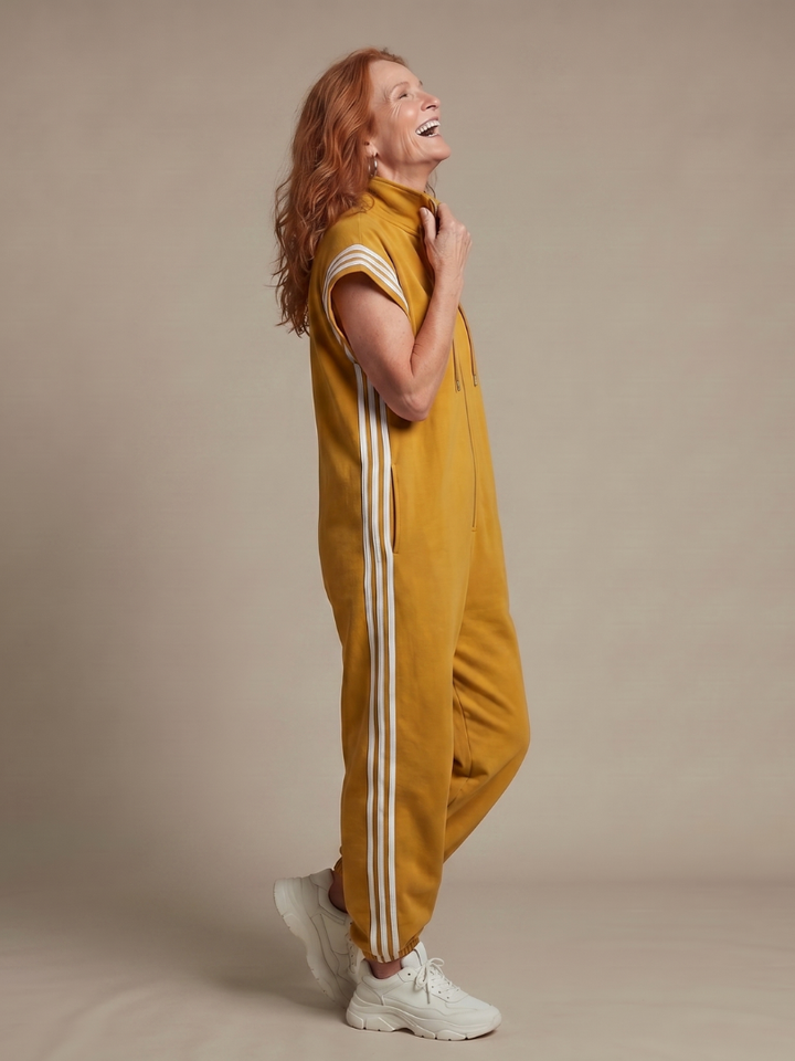 Lark | Striped Panel Jumpsuit with Front Zipper