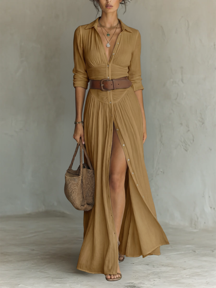 OLIVIA | Women’s Long Maxi Dress with Notched Lapel Collar and Long Sleeves in Linen